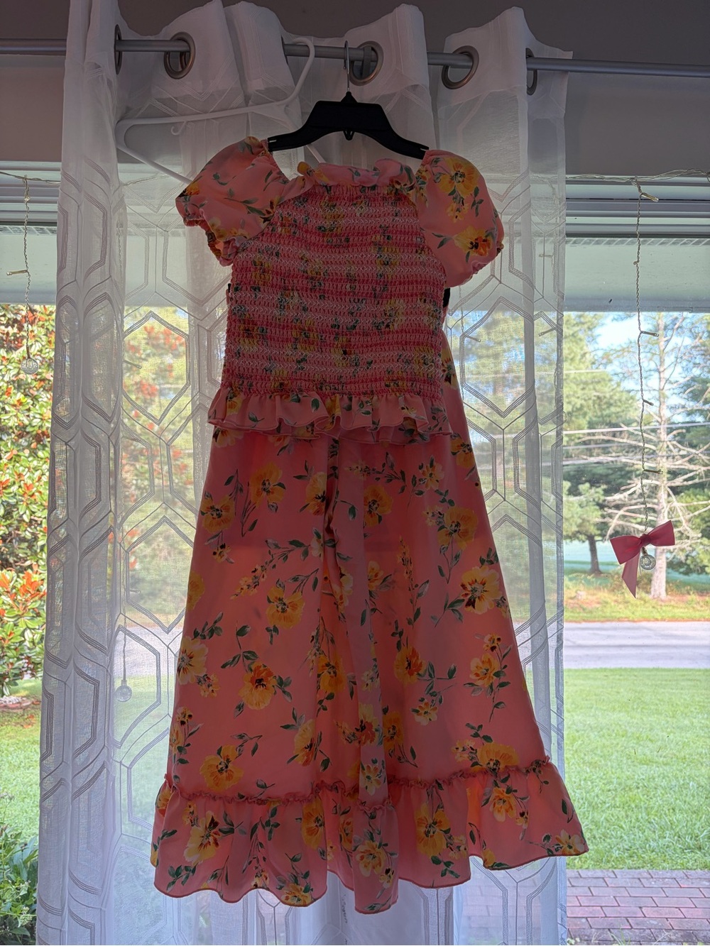 Amy Byer Peach Pink Floral Smocked two piece set wide leg pants and top